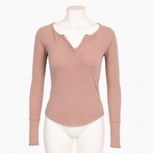 Free People Pink Ribbed Long Sleeve VNeck Top S Blouse Coquette Twee Preppy Boho